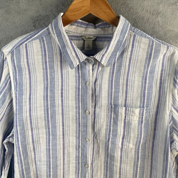 LL Bean Top Large Linen Button Down Long Sleeve Striped Shirt Coastal Relaxed - Picture 11 of 15